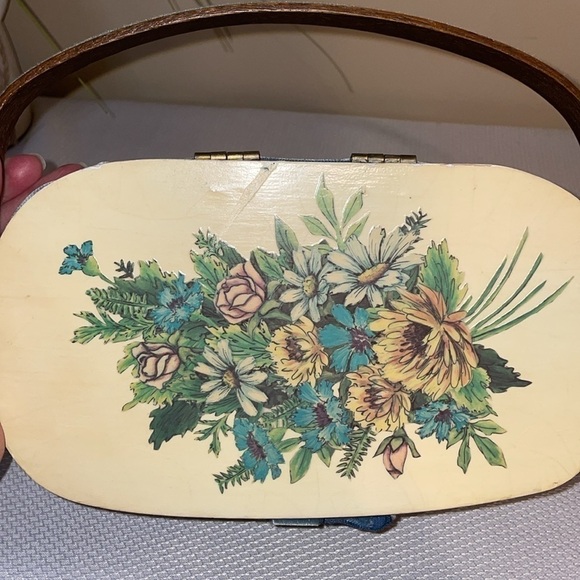 Vintage women’s  basket purse handbag unique handmade floral brown blue white - Picture 3 of 11